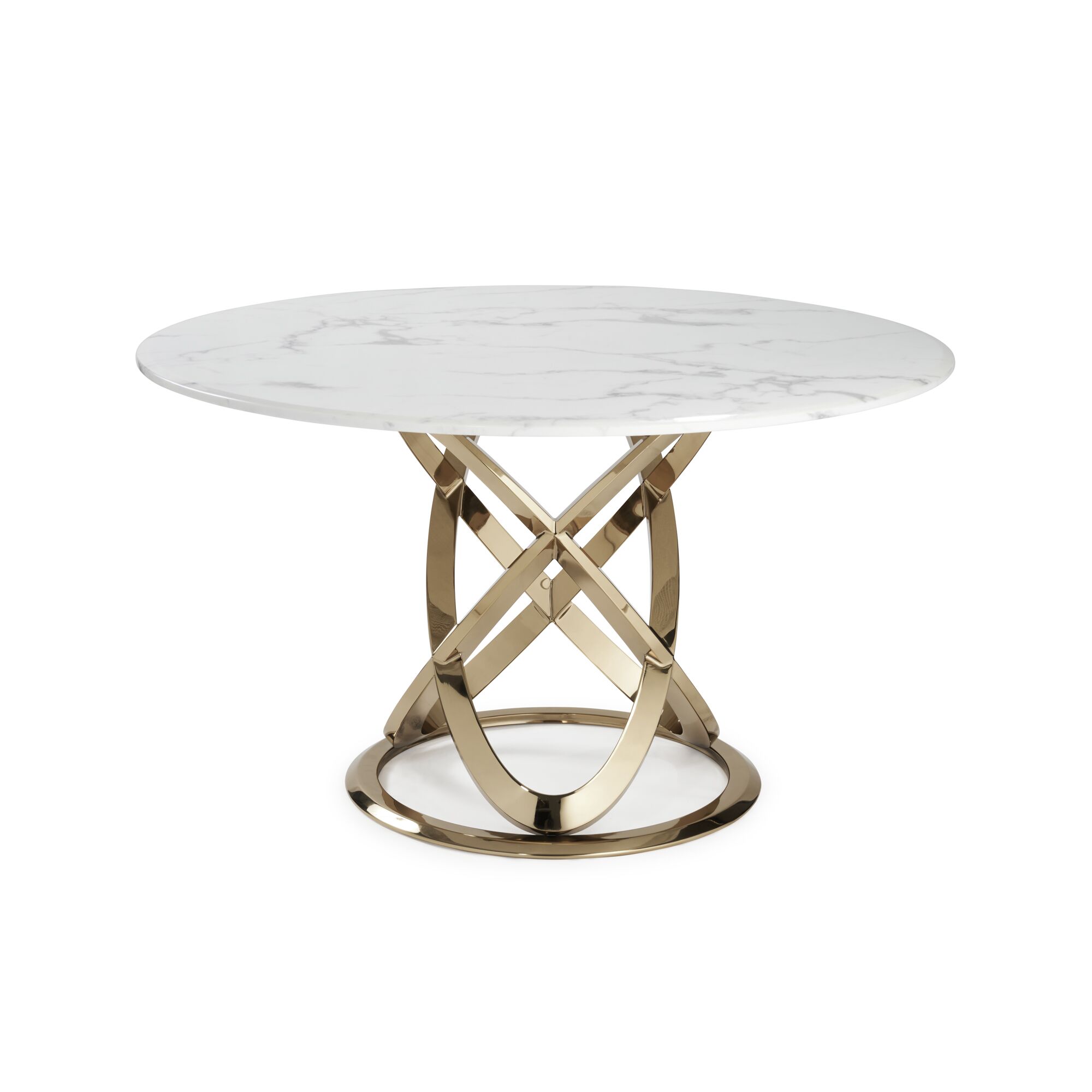 1.3M Pedestal Polished Circular Gold Stainless Steel Dining Table with White Marble Top - Image 8