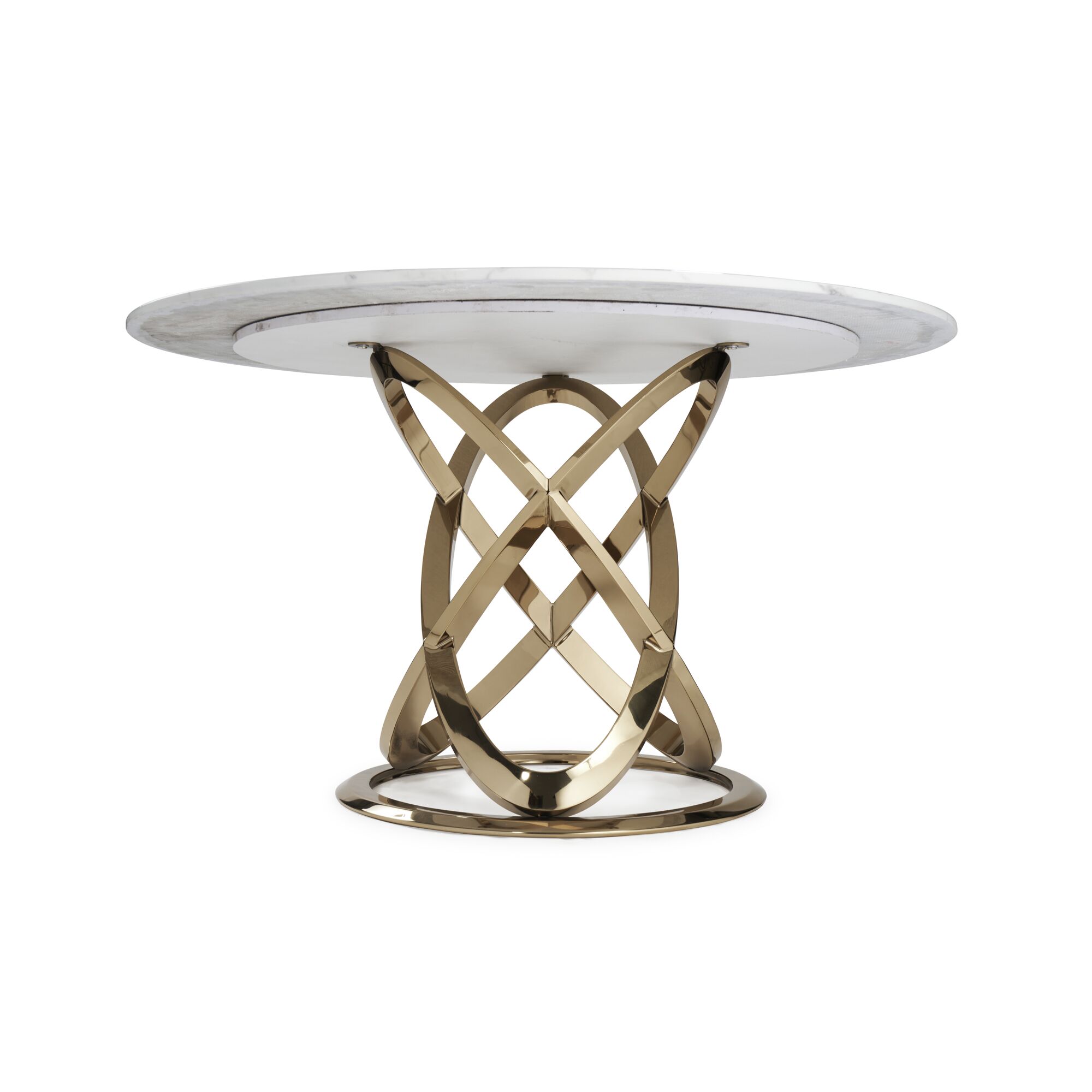 1.3M Pedestal Polished Circular Gold Stainless Steel Dining Table with White Marble Top - Image 9