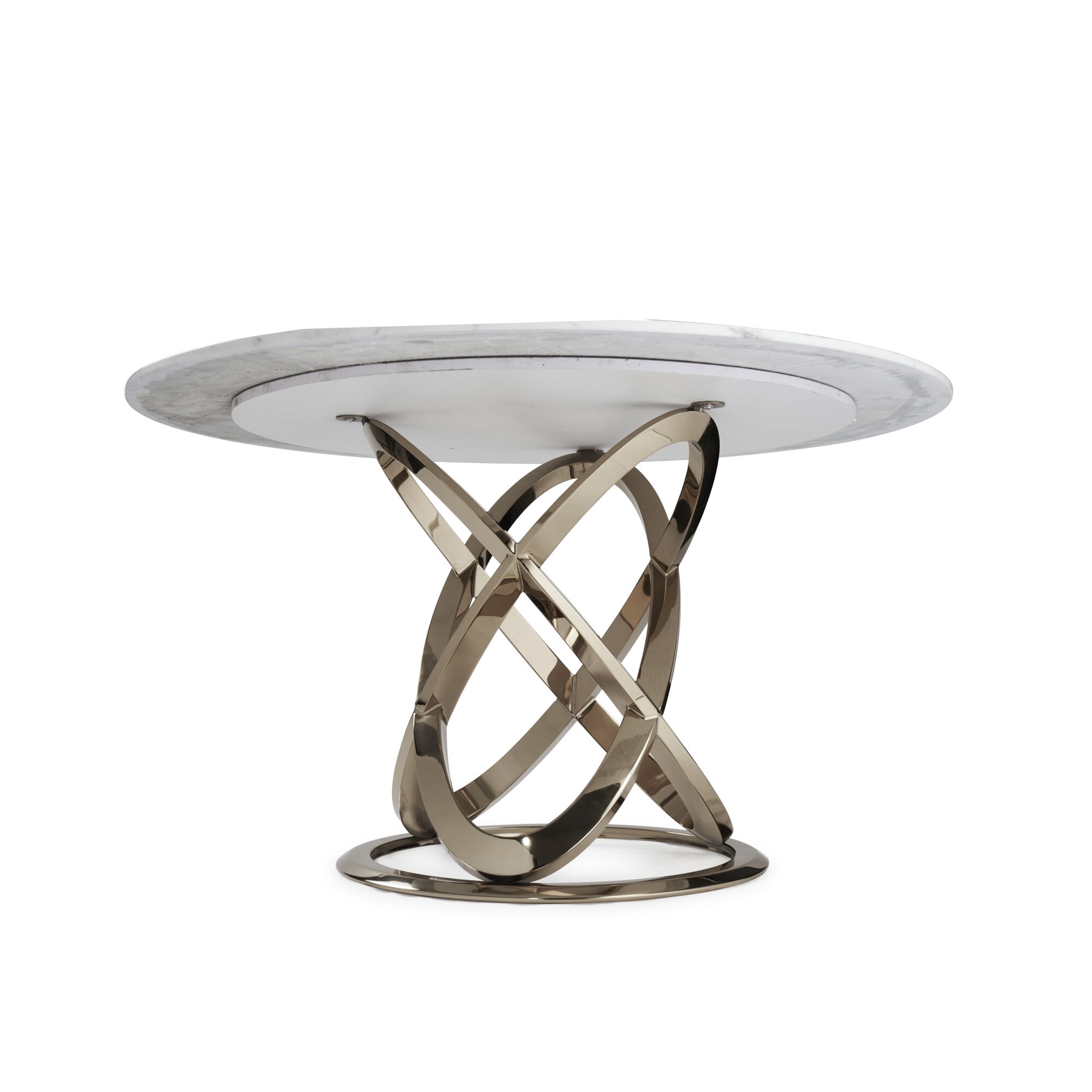 1.3M Pedestal Polished Circular Gold Stainless Steel Dining Table with White Marble Top - Image 10
