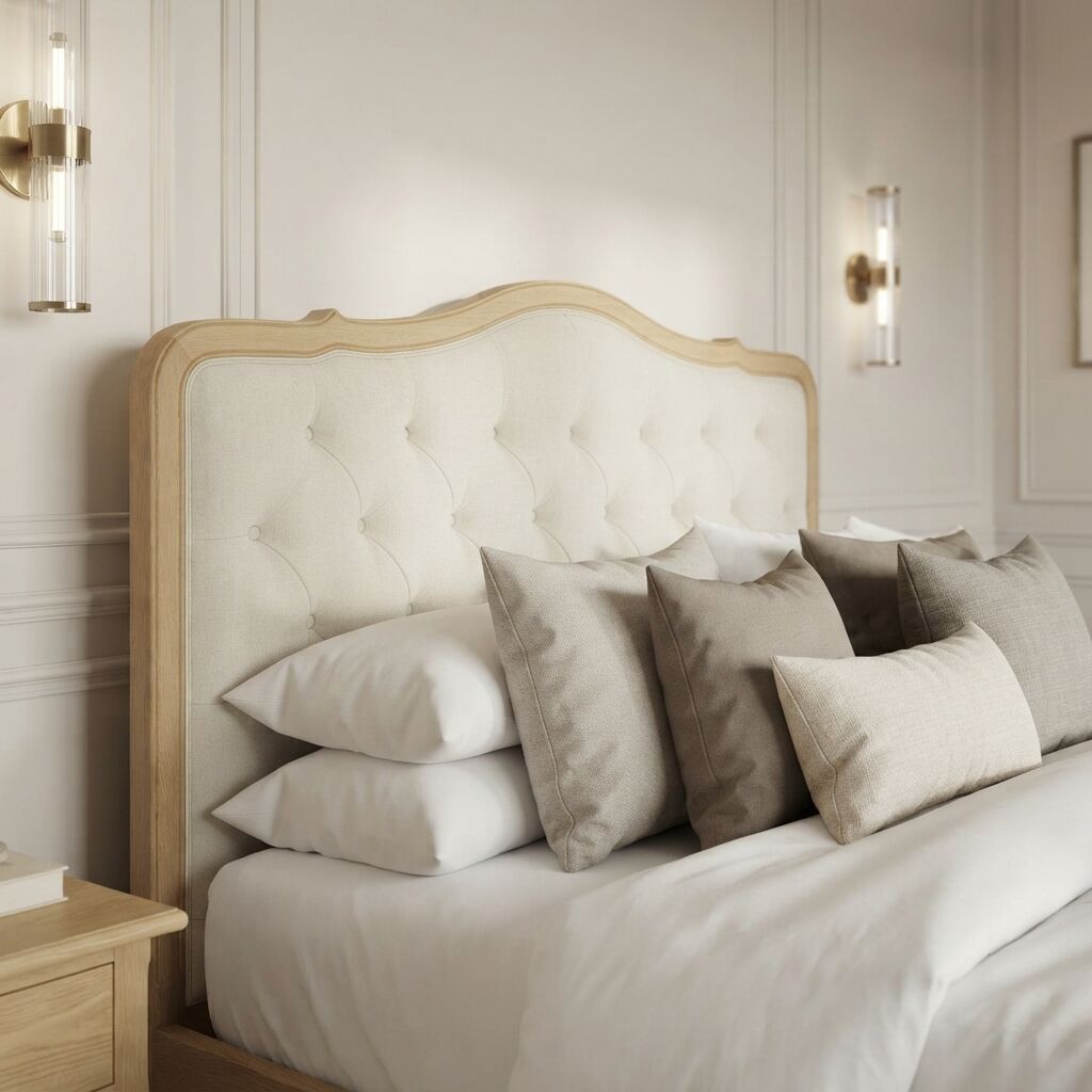 Eléa Natural Oak French Bed with Button Upholstered Headboard - King Size - Image 3