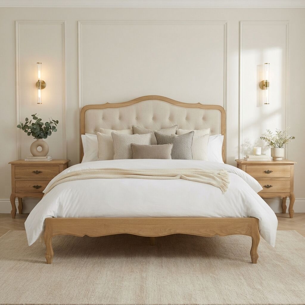 Eléa Natural Oak French Bed with Button Upholstered Headboard - King Size