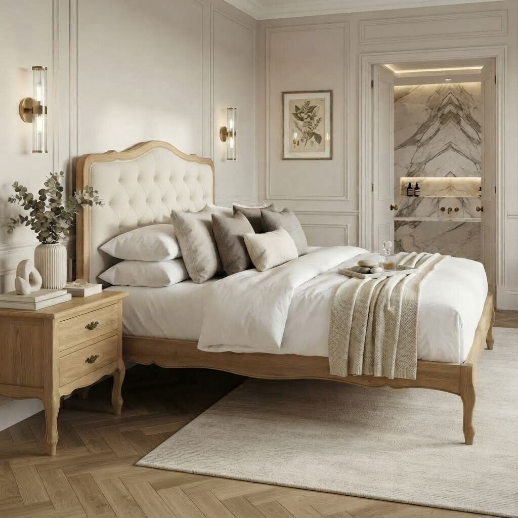 Eléa Natural Oak French Bed with Button Upholstered Headboard - King Size - Image 2