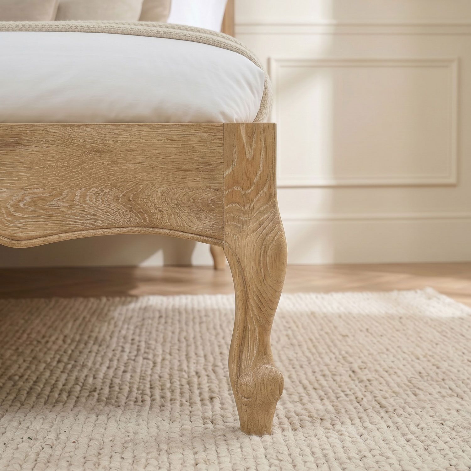 Clementine Whitewash Oak Upholstered Low Foot Board Bed - Double - Image 8