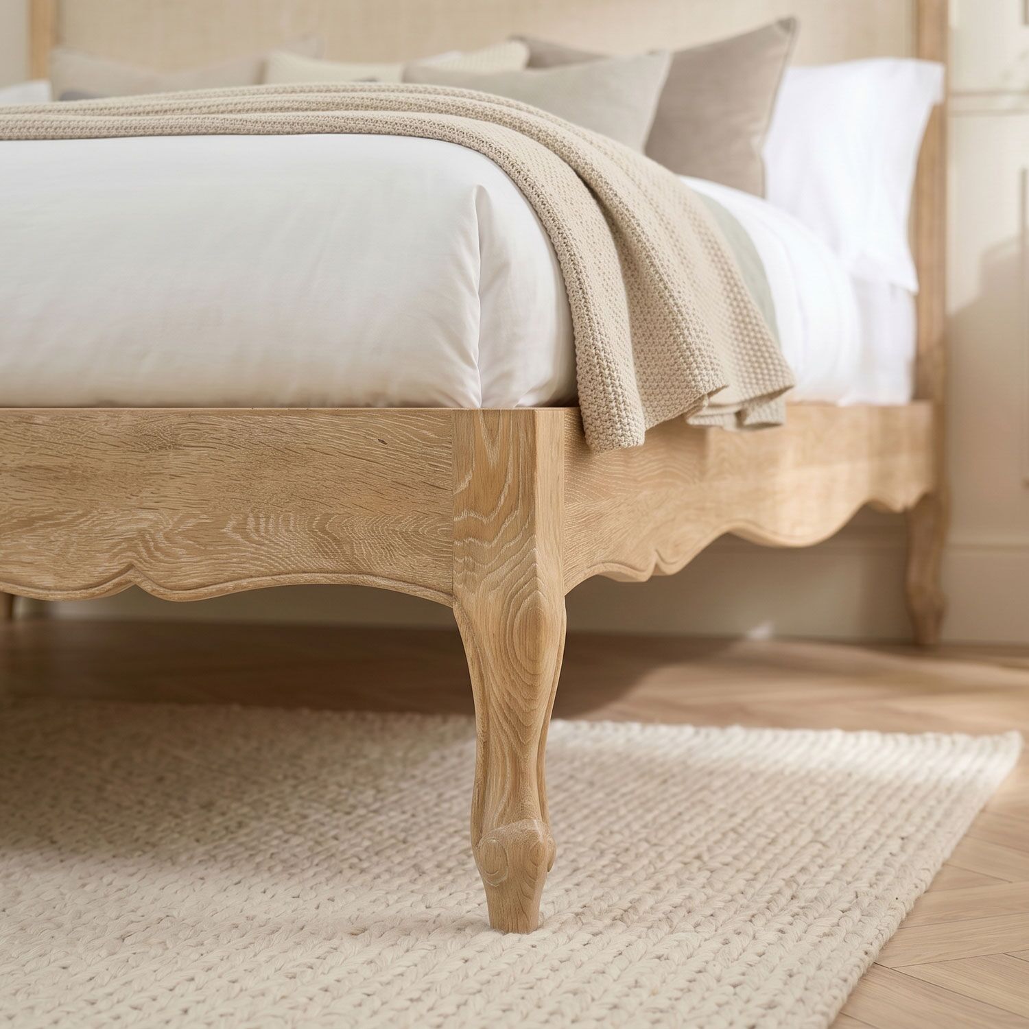 Clementine Whitewash Oak Upholstered Low Foot Board Bed - Double - Image 7