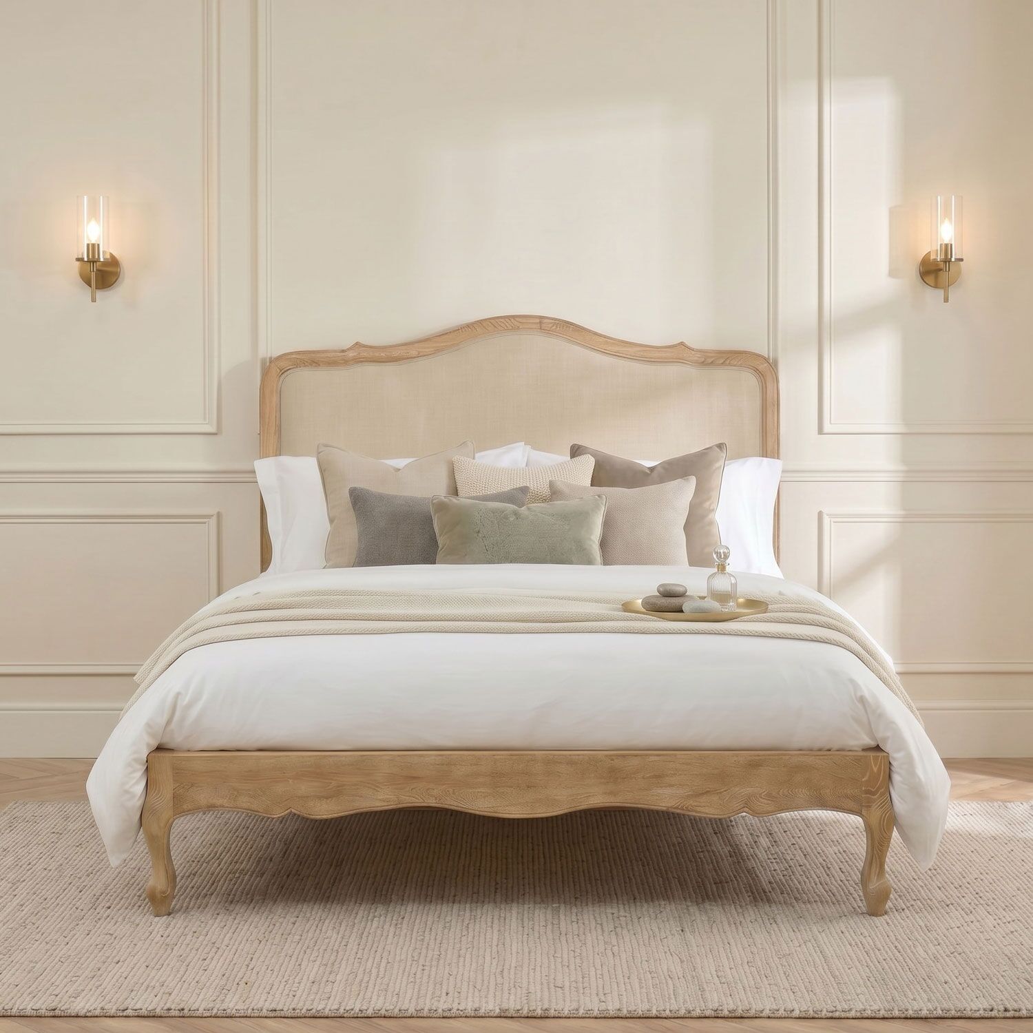 Clementine Whitewash Oak Upholstered Low Foot Board Bed - Double
