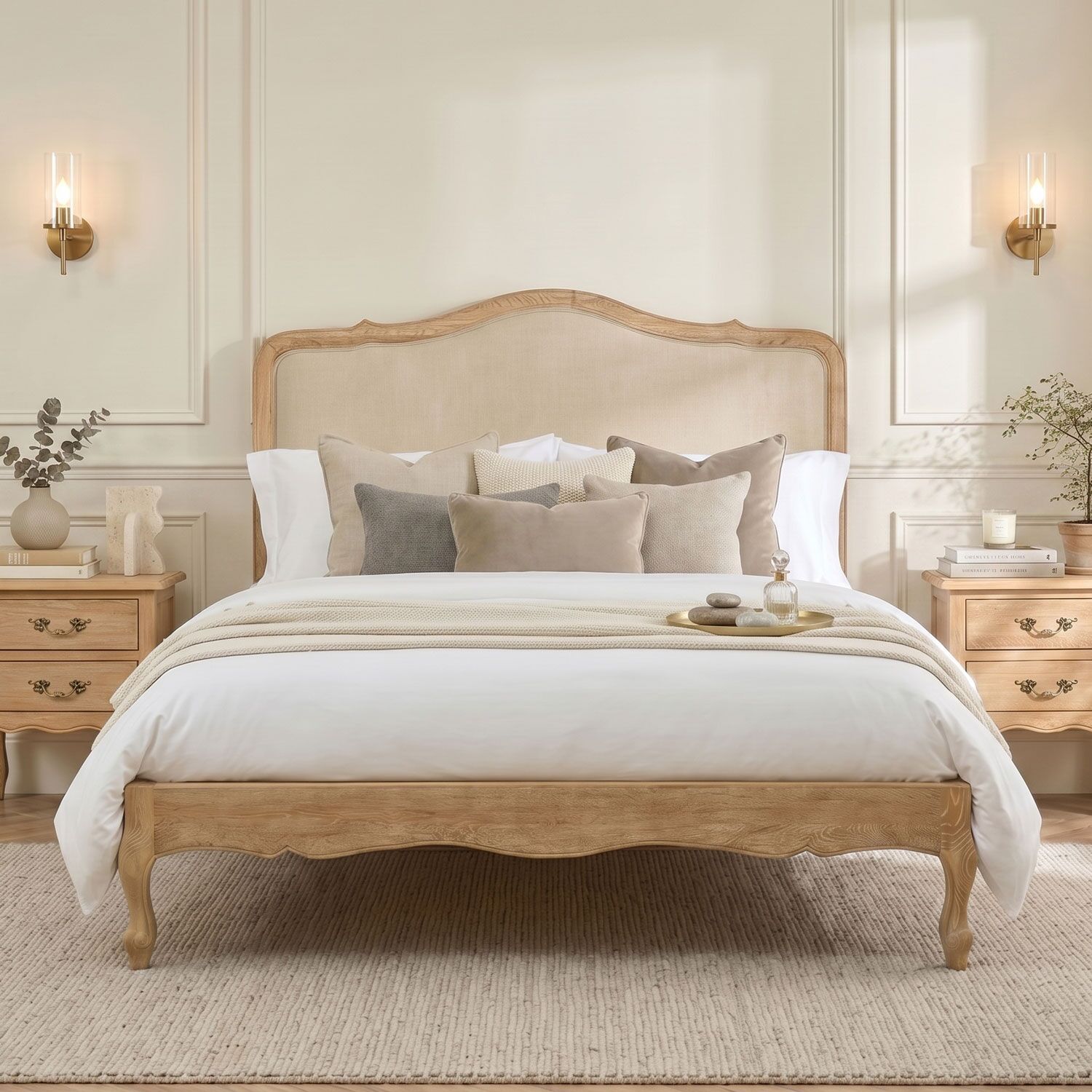 Clementine Whitewash Oak Upholstered Low Foot Board Bed - Double - Image 2