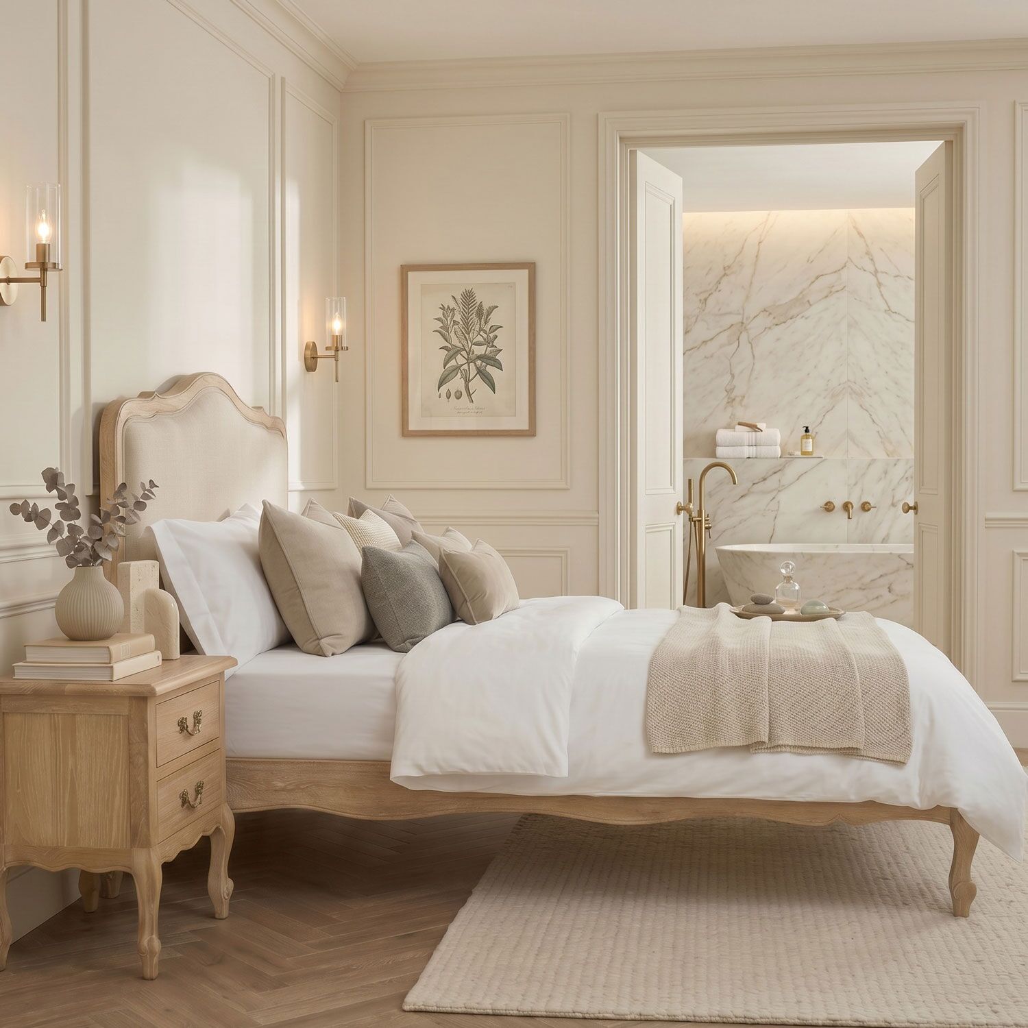 Clementine Whitewash Oak Upholstered Low Foot Board Bed - Double - Image 4