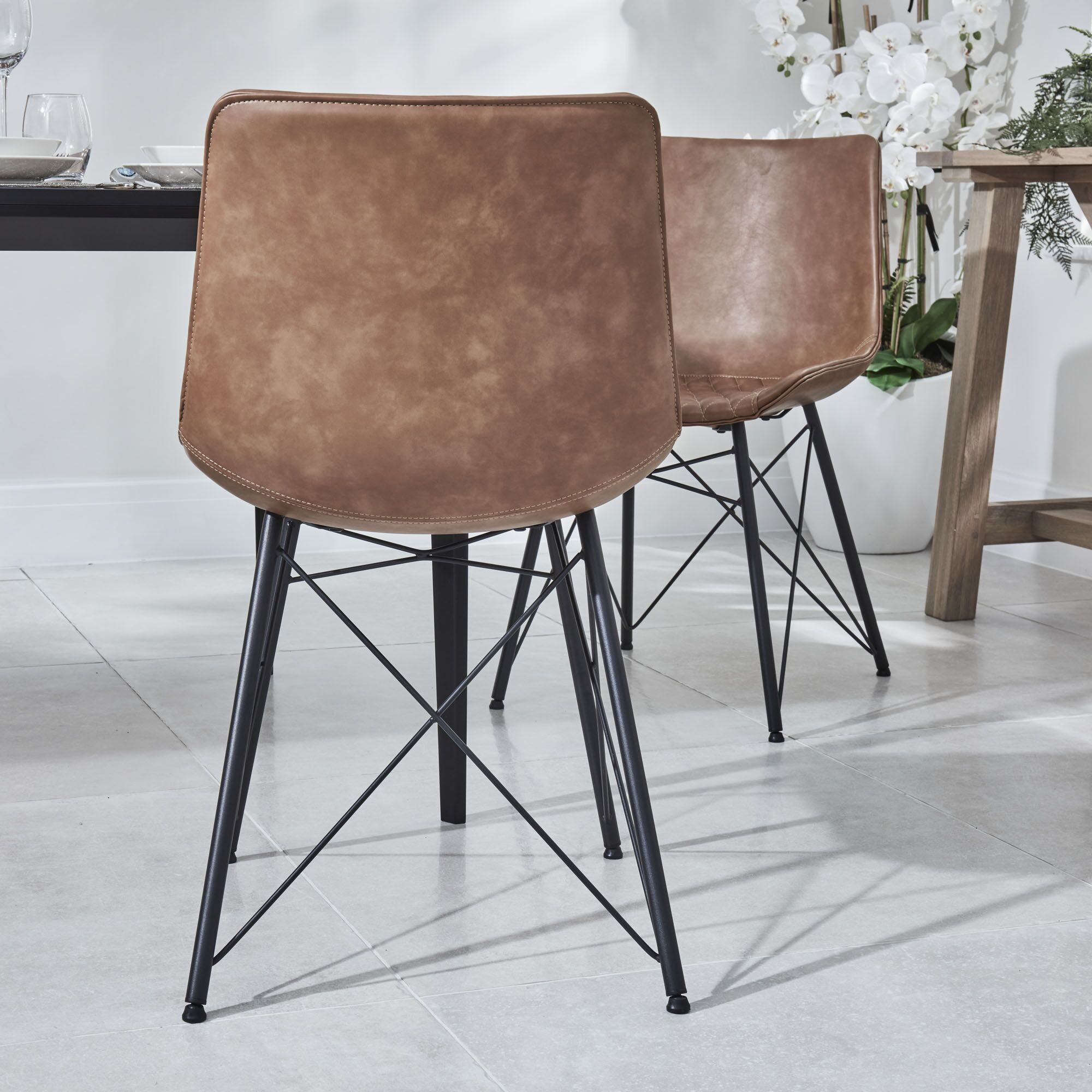 Bellagio 90cm Square Natural Oak Melamine Dining Table Set with 4x Leon Tan Dining Chairs - Image 14