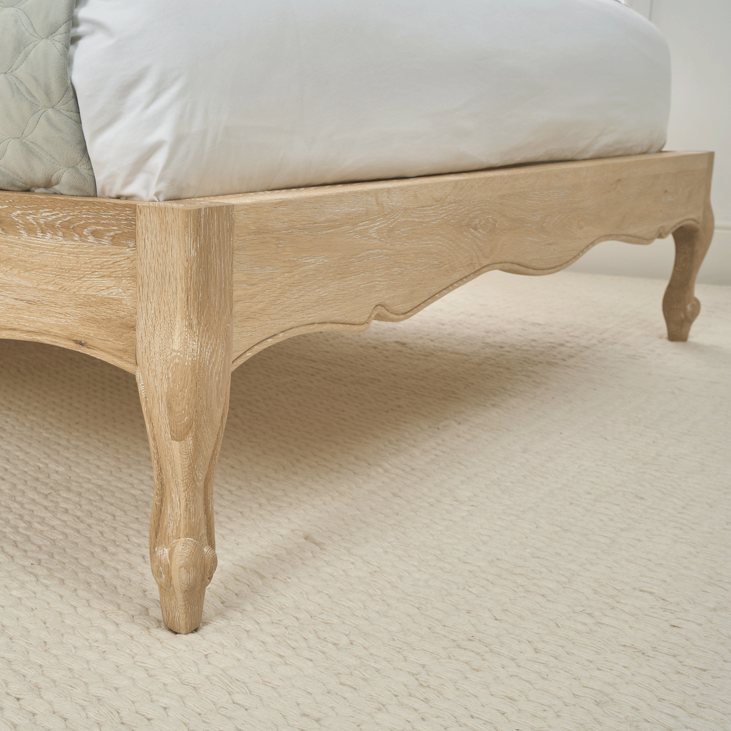 Eléa French Limed Oak Upholstered Button Back Low Foot Board Bed - King Size - Image 9
