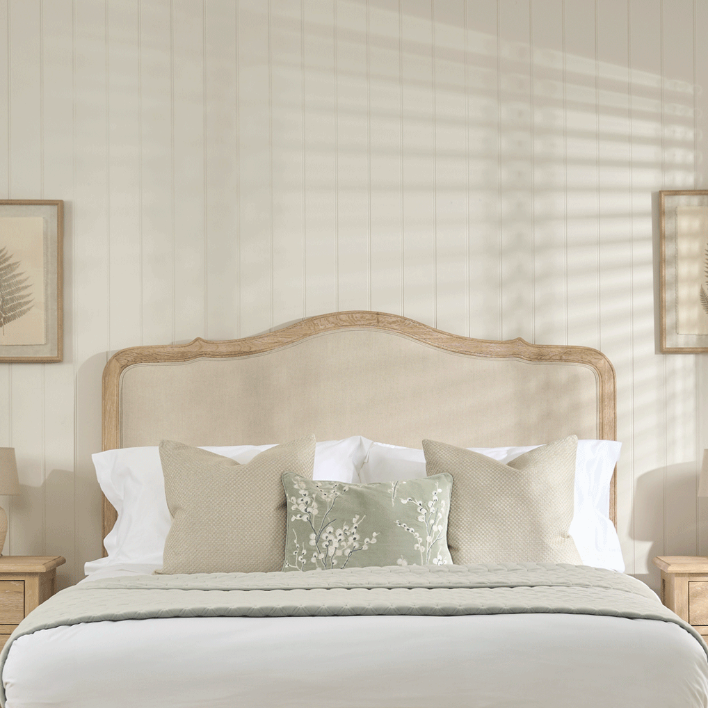 Clementine French Whitewash Oak Upholstered Divan Base Headboard - Double