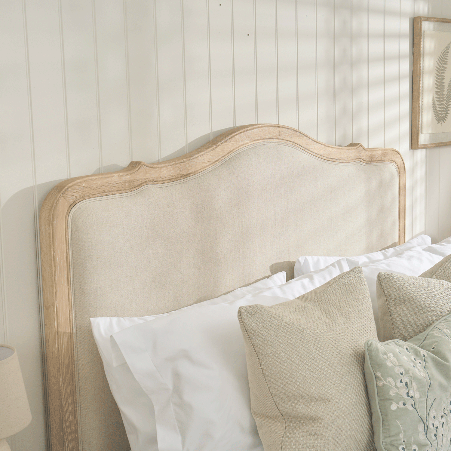 Clementine French Whitewash Oak Upholstered Divan Base Headboard - Double - Image 7