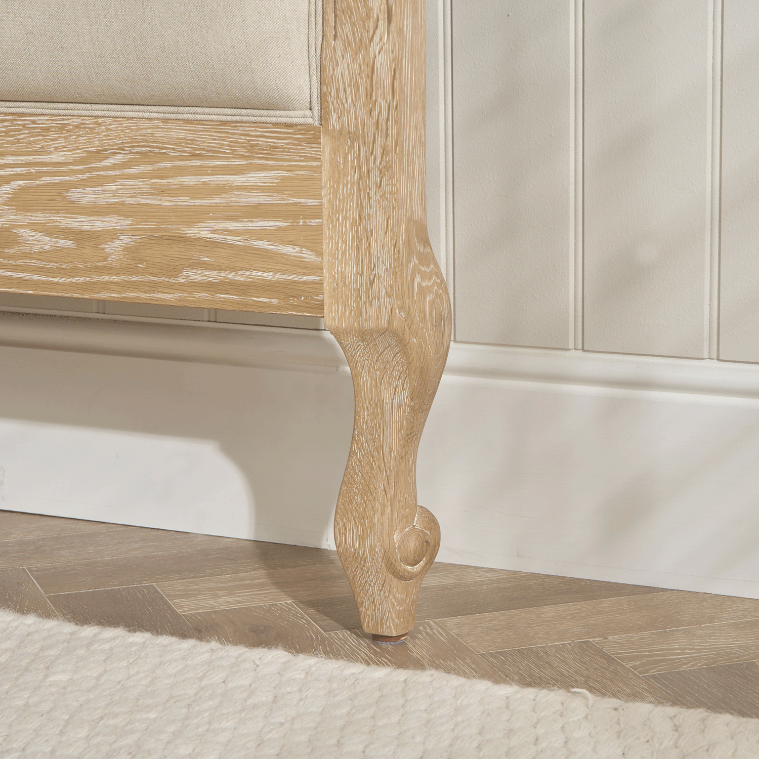 Clementine French Whitewash Oak Upholstered Divan Base Headboard - Double - Image 6