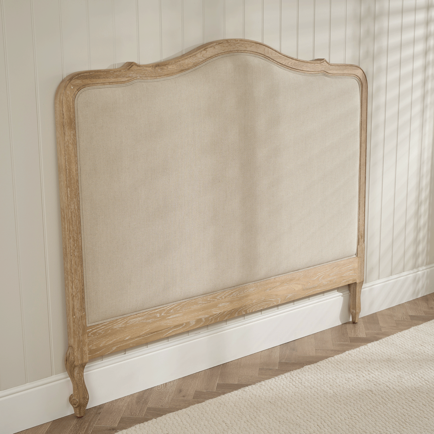 Clementine French Whitewash Oak Upholstered Divan Base Headboard - Double - Image 5