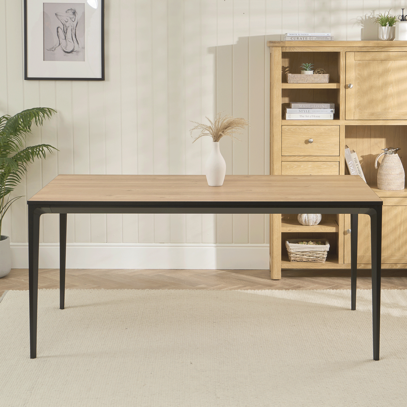 Bellagio 160cm Natural Oak Melamine Dining Table with Black Contemporary Base - Image 2