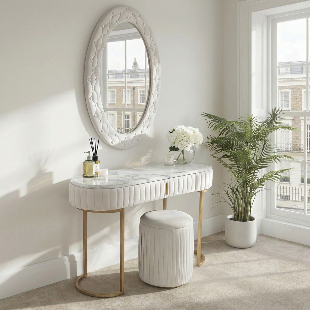Italian Luxurious Gold Framed Marble Dressing Table With Stool