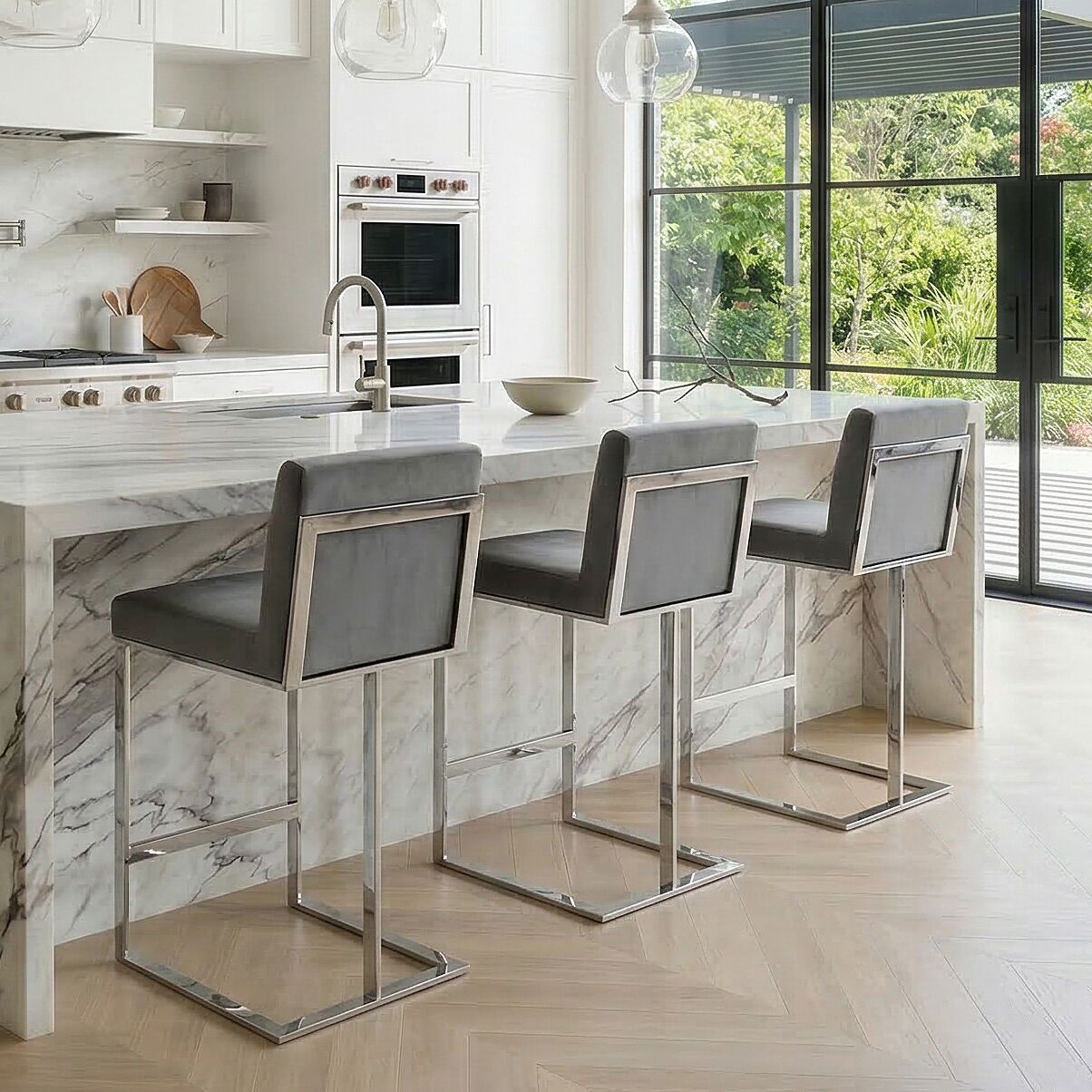 Bailey Grey Velvet Kitchen Barstool - Polished Steel - Image 2