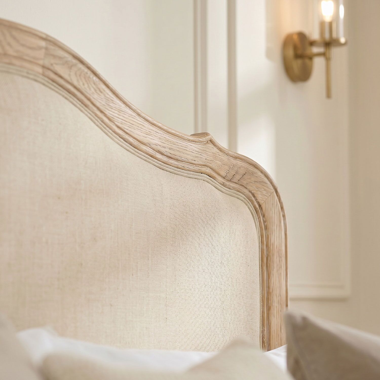 Clementine Whitewash Oak Upholstered Low Foot Board Bed - Double - Image 6