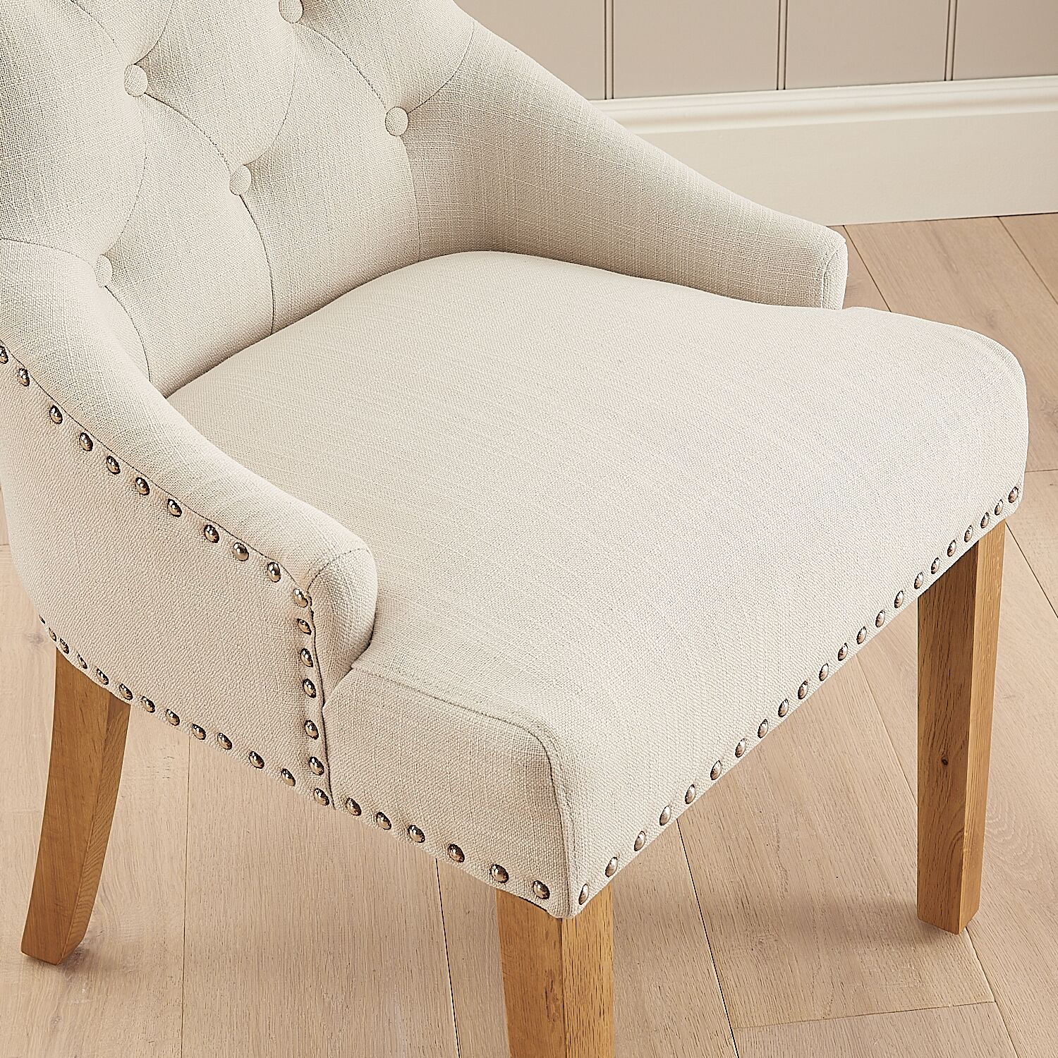 Chelsea Oak Scoop Back Linen Upholstered Dining Chair - Second - Image 5