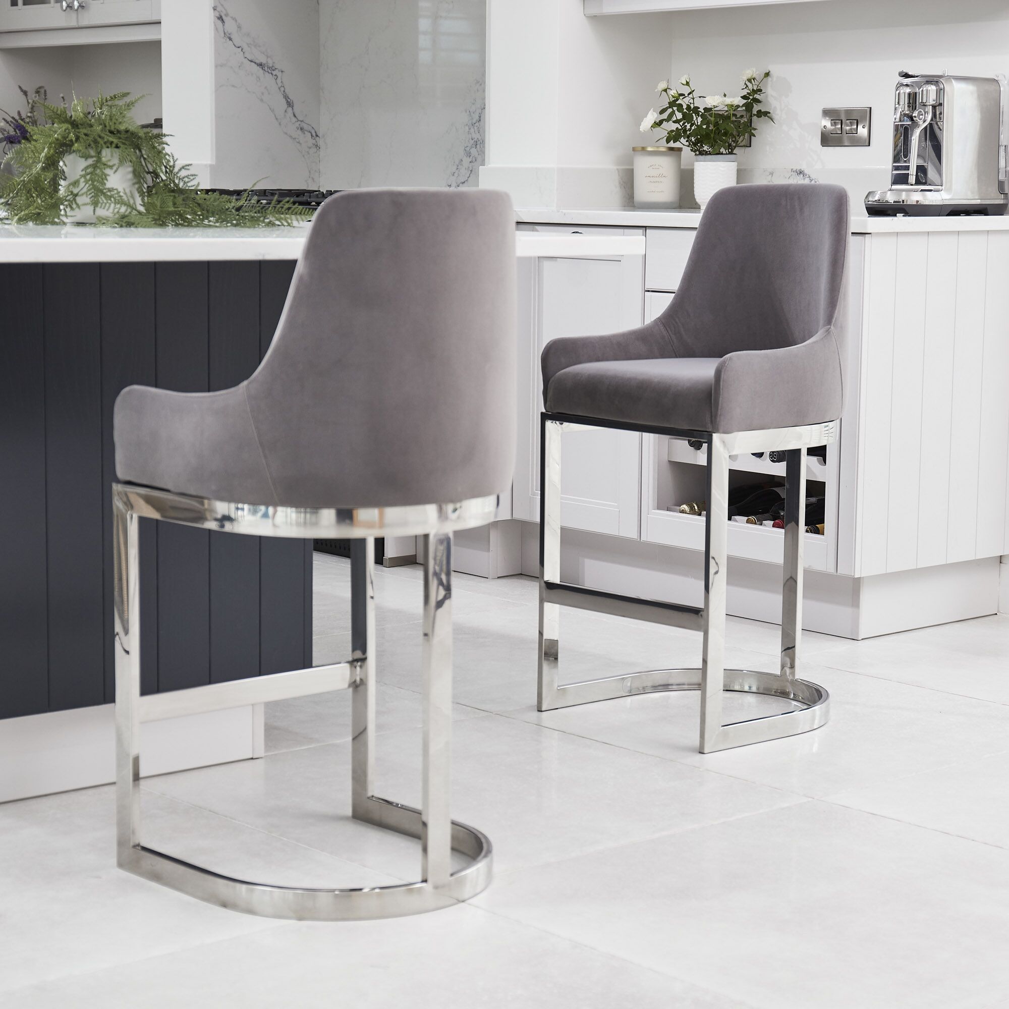 (Set of 2) Clara Grey Velvet Silver Counter Stool with a Stainless Steel Frame