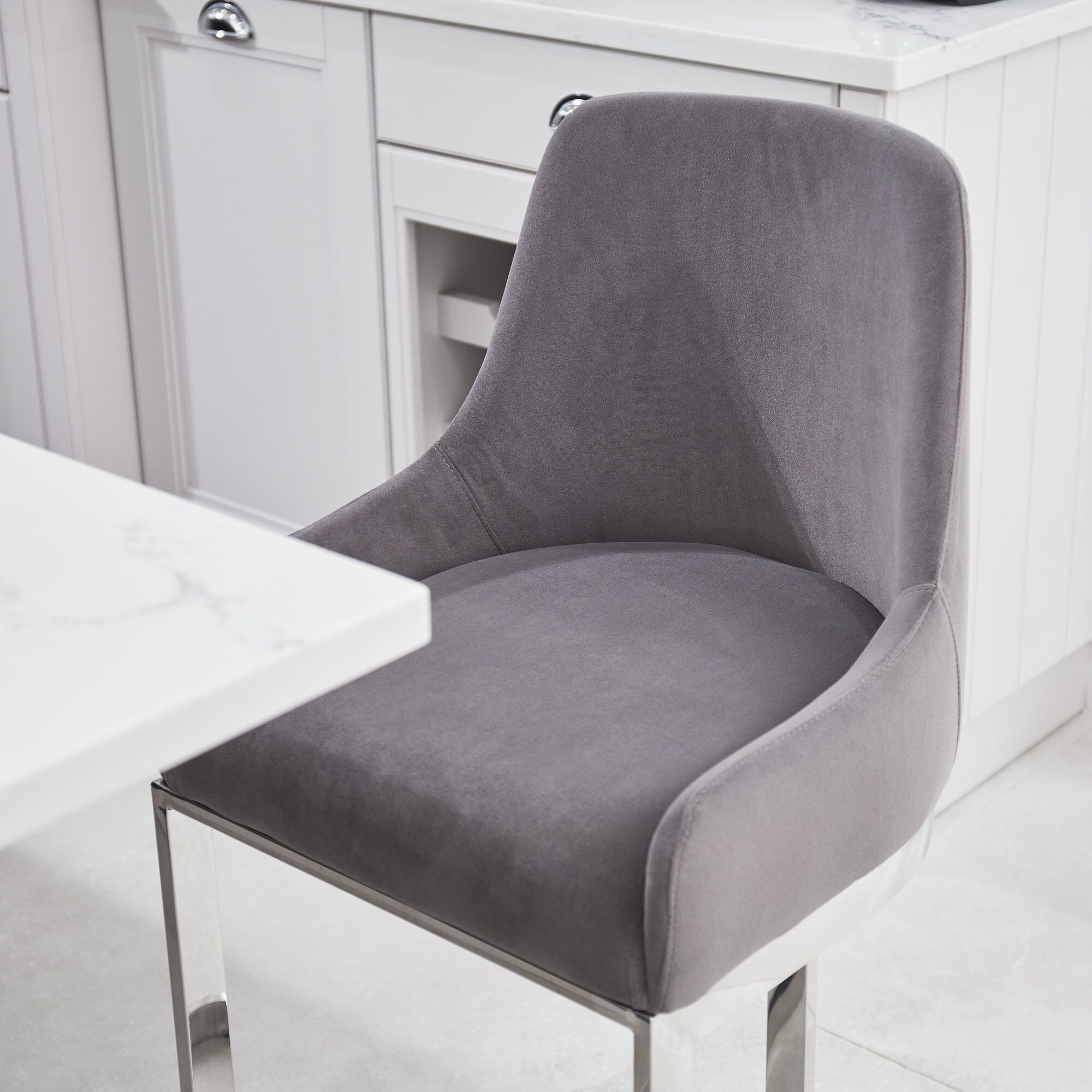 (Set of 2) Clara Grey Velvet Silver Counter Stool with a Stainless Steel Frame - Image 4