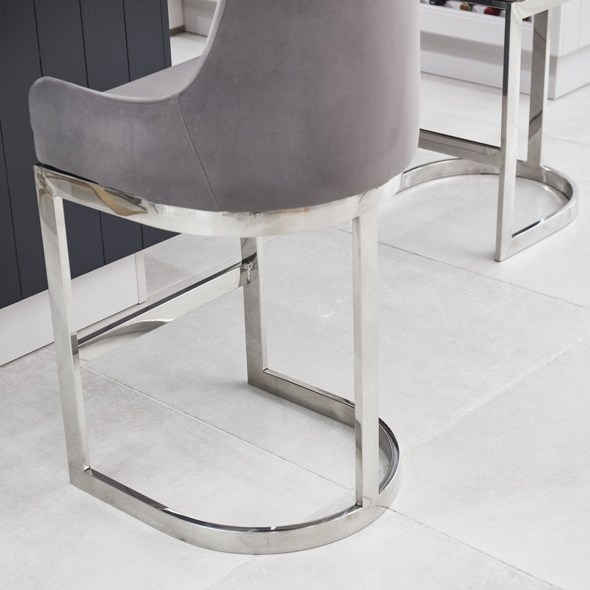(Set of 2) Clara Grey Velvet Silver Counter Stool with a Stainless Steel Frame - Image 5